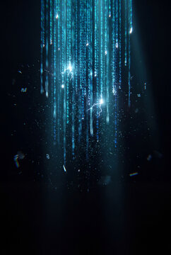 Streams of glowing code raining down with flashes of electric spark
