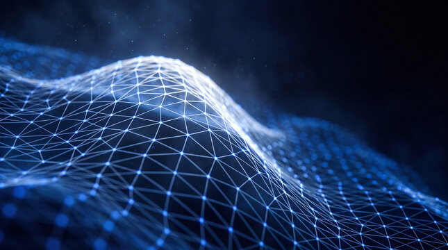 Blue network mesh rolling like a wave of connected data points