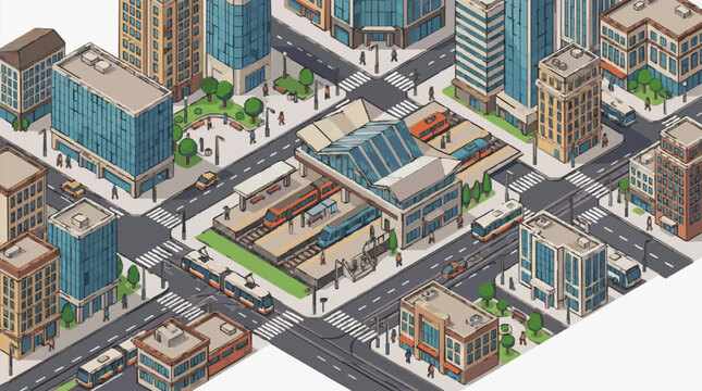 Urban city bus transit intersection with pedestrians.