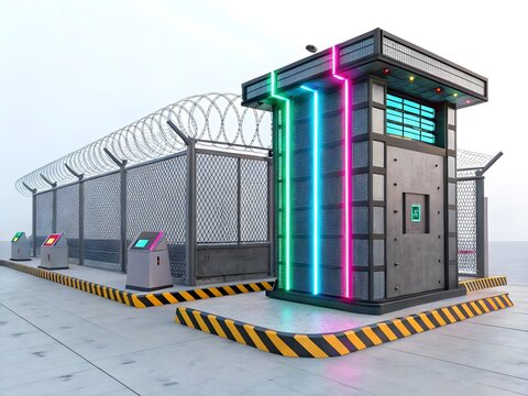 Modern security checkpoint with neon lights and barbed wire fence during daytime