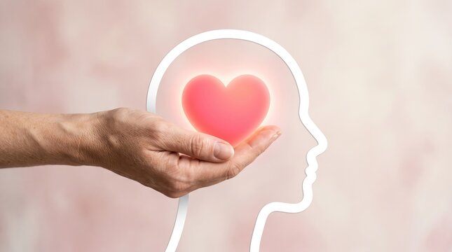 A hand holding a heart inside a human silhouette, symbolizing the connection between love and mental well-being.