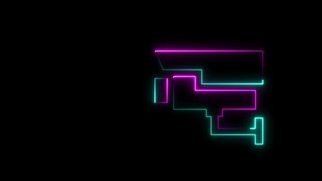 Abstract pink and purple neon outline of a security camera against a black background cctv surveillance. motion graphics. of concept. animation. 4k video