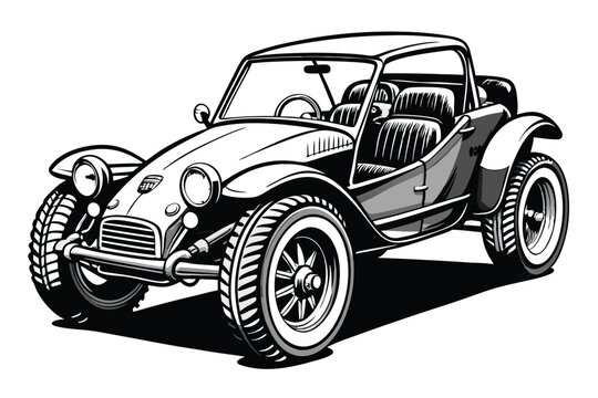 Classic buggy car illustration in black and white with vintage design and detailed features
