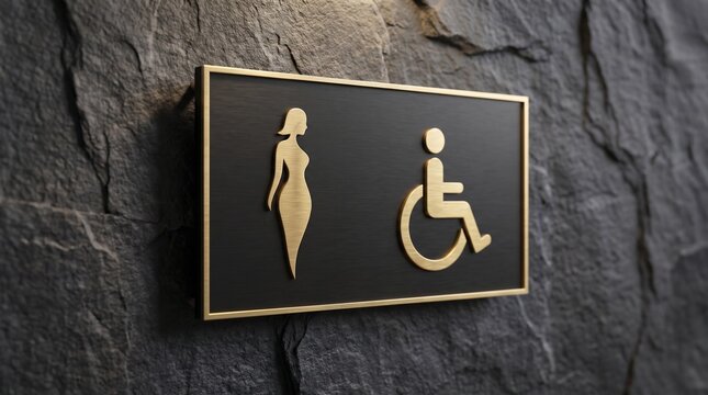 Elegant gold metallic female and disabled restroom sign mounted on a textured slate stone wall with modern rectangular restroom women accessibility mounted