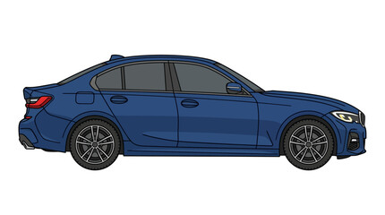 Fototapeta premium Side view of a modern blue sedan car isolated on white background.