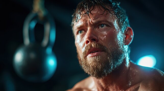 A determined man drenched in sweat intensely focuses on his workout, embodying strength and perseverance, with a kettlebell providing a striking background.