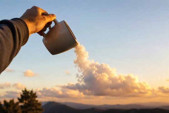 Forced Perspective Photo of Person Pouring Clouds from Coffee Cup &mdash; Whimsical Optical Illusion Photography for Beverage Brands, Lifestyle Editorial, and Social Media Ad Content