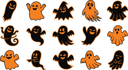 Obraz premium A collection of cute hand drawn ghost characters in black and orange colors for halloween party design elements