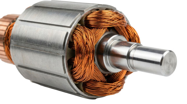 Copper wire windings on armature motor rotor with metal shaft illustrating essential component of electric machine.