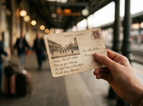 Hand holding vintage postcard at train station platform.