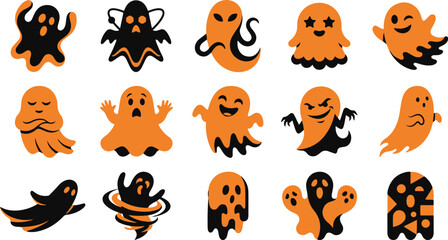 Obraz premium Set of cute and spooky ghosts in orange and black colors isolated on a white background for halloween design