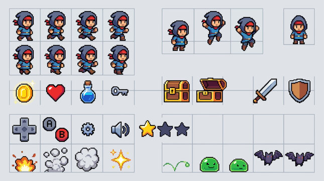 2D pixel art game asset sprite sheet featuring character animations and various fantasy items.