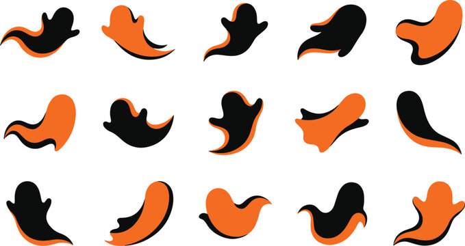 A collection of cute black and orange ghost stickers isolated on a white background for halloween party decoration