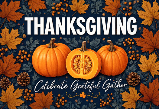 Happy thanksgiving celebration with pumpkins and autumn leaves for grateful gathering events