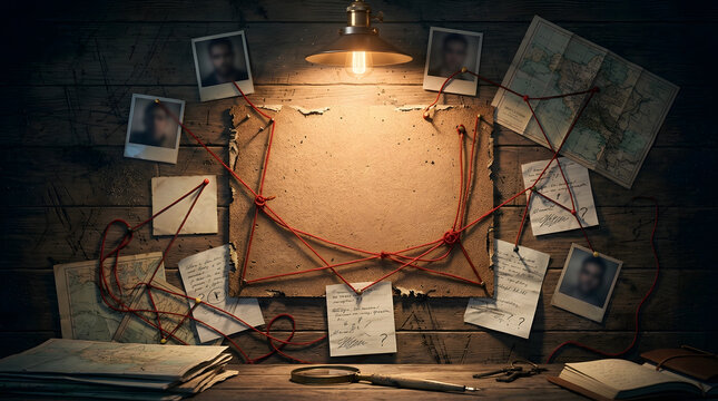 Mystery Detective Evidence Board with Red String and Investigation Notes