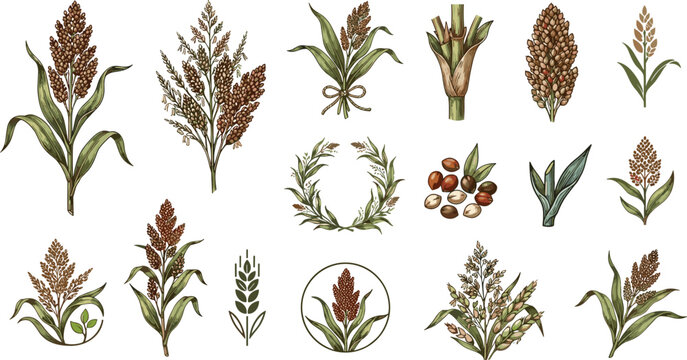 Sorghum Cereal Grain Botanical Vector Set Featuring Agricultural Crop Stalks Panicle Ears Seed Wreaths and Minimalist Farming Logo Elements