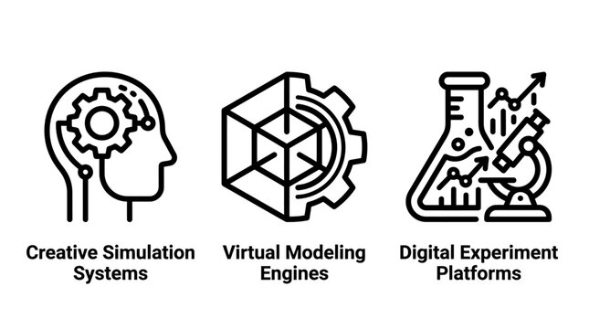 Creative simulation and virtual modeling engine platforms icon set with simulation modeling laboratory experiment platforms technology research software development analysis innovation