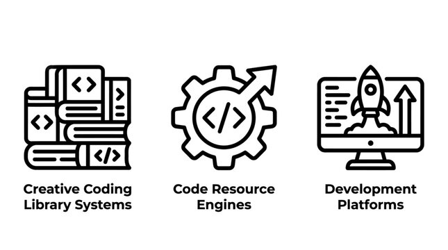 Development platform icons set featuring creative coding libraries and optimized code resource engines development platform software programming resource optimization technology computer