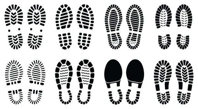 Boot shoe print footprint vector silhouettes featuring hiking, work, military and sneaker sole tread marks isolated on white background