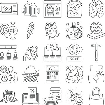 Set of diverse outline icons covering various concepts like household appliances, food, health issues, medical treatments, technology, and daily objects