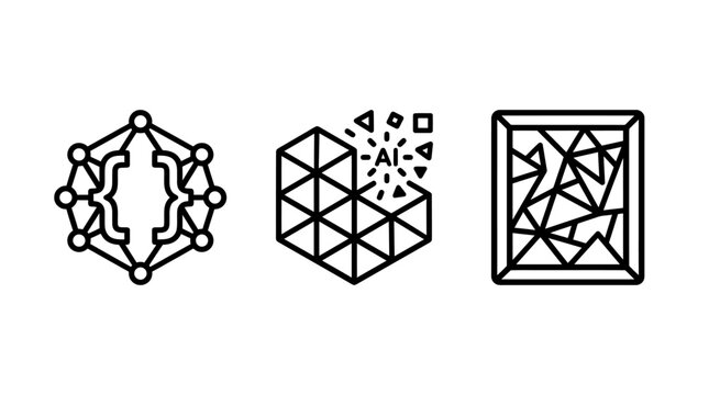 Artificial intelligence and structural geometry line icon set with artificial intelligence geometry structure technology abstract connection learning algorithm computing framework technical