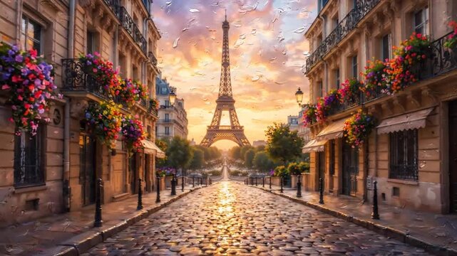 Parisian Street with Eiffel Tower View and Blooming Flowers, Rainy Day