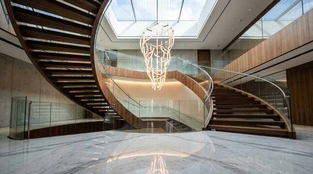 Modern Spiral Staircase with Skylight, Chandelier, and Marble Floor