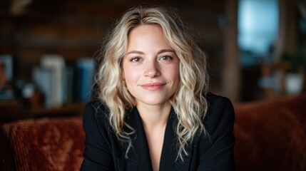 Obraz premium A confident young woman with wavy hair and a black blazer sits comfortably on a couch, exemplifying modern elegance and self-assuredness in a stylish indoor setting.
