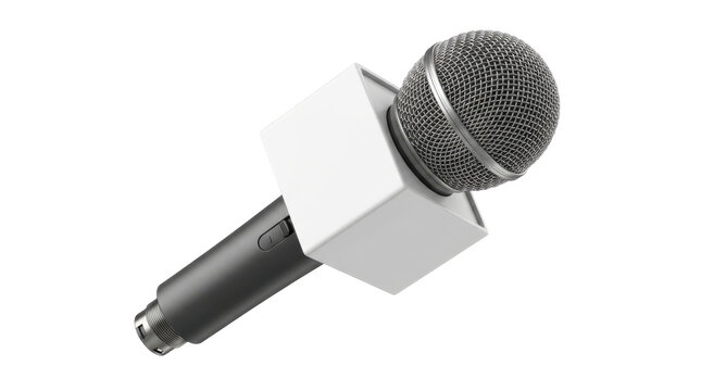 Professional news microphone with blank white square cube flag on transparent background for broadcast journalism and media interview.