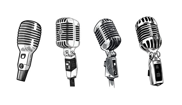 Vintage microphone set, black and white vector design