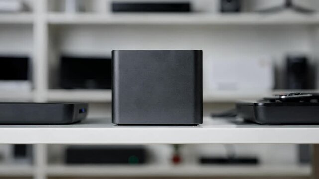 Digital staging scene with a medium shot of a single external storage drive in crisp focus the rest of the digital media devices on shelves blurred.