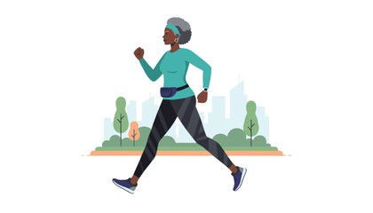 Fototapeta premium Senior African American woman power walking in city park, maintaining active and healthy lifestyle in retirement.
