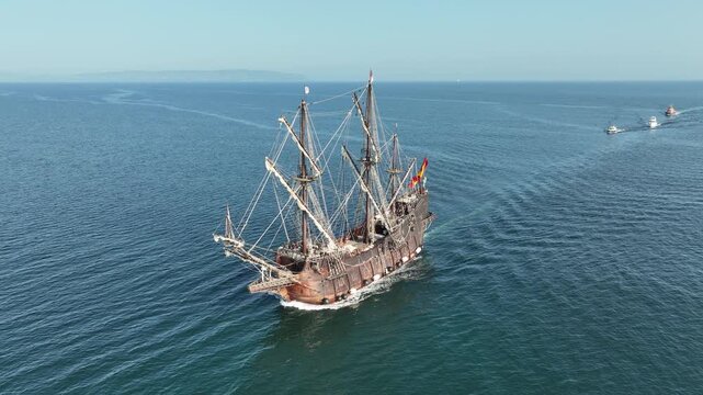 Spectacular full scale replica of spanish armada ship arrives at northern ireland - aerial view