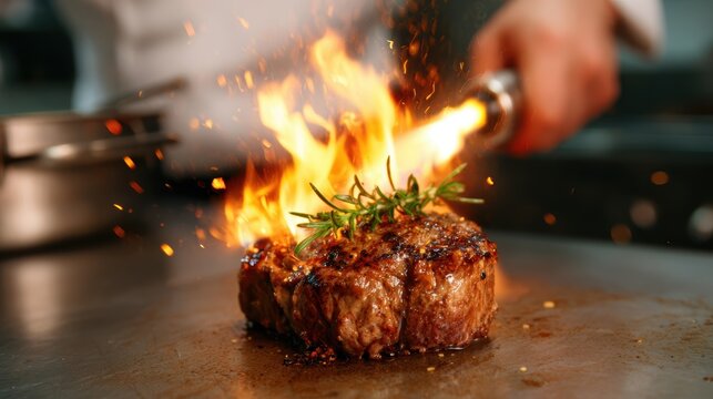 A juicy steak is flamb&eacute;ed with flames while garnished with fresh herbs, highlighting culinary artistry that tantalizes the senses and promises an exquisite taste experience.