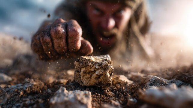 A muscular man, filled with determination, struggles against a rock in a dusty landscape, symbolizing resilience and the human spirit's unwavering quest for strength.