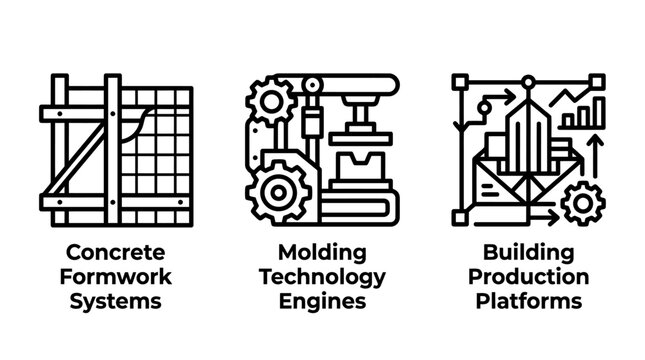 Concrete formwork and molding technology construction production platform icons with construction formwork concrete technology production engineering platforms building industry manufacturing