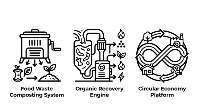 Food waste composting systems organic recovery engines circular economy platform icons recovery circular recycling environment sustainability management transformation industry resource