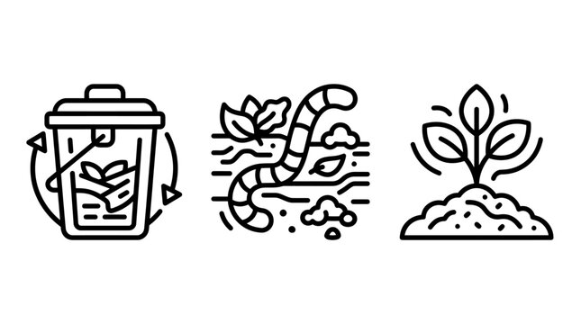 Organic waste composting and soil regeneration line icon set with composting regeneration recycling environment sustainability agriculture fertilizer earthworm nutrients circular protection