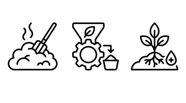 Compost processing and sustainable agriculture icons set with agriculture sustainability processing fertilizer environment recycling industrial technology nutrient agronomy production