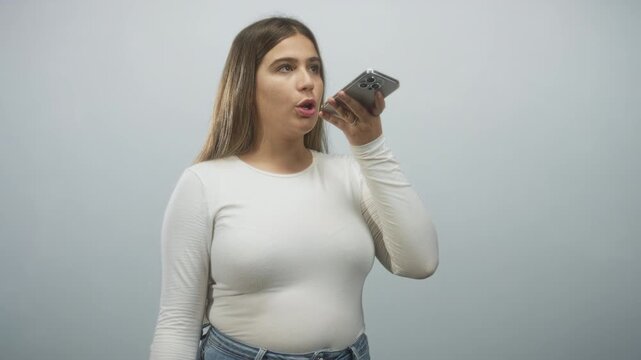 Woman holding smartphone near mouth speaking into the device in a plain studio; voice command connection.