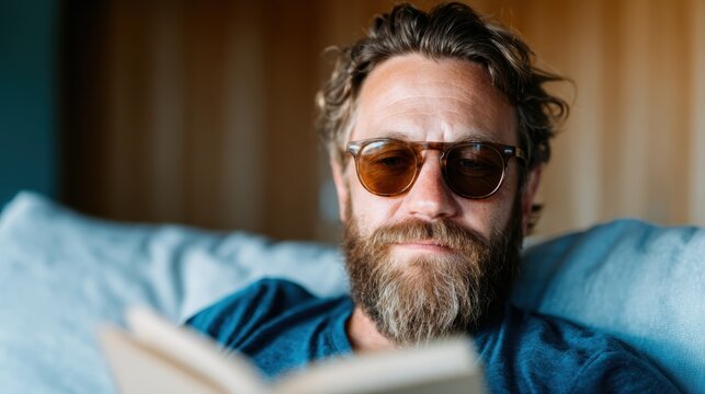 A relaxed man wearing sunglasses reads a book while lounging on a cozy couch, capturing a moment of tranquility and leisure in a soft ambient setting of a living room.