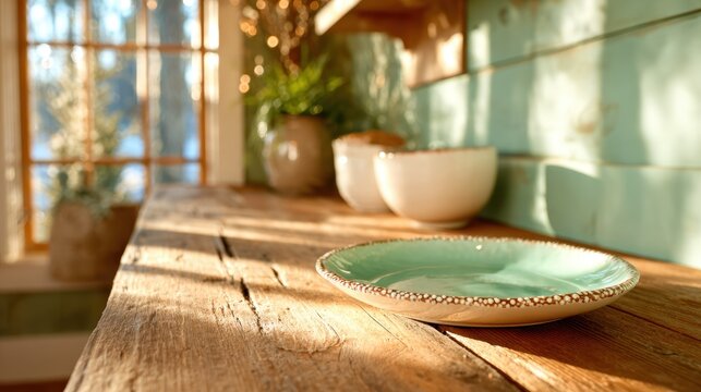 A serene setup in a warm kitchen featuring a rustic wooden table adorned with a beautifully designed plate, evoking feelings of comfort and home-cooked meals.