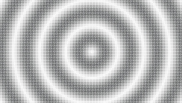 Concentric circular halftone pattern with alternating rings of black triangles on a white background, for optical effect