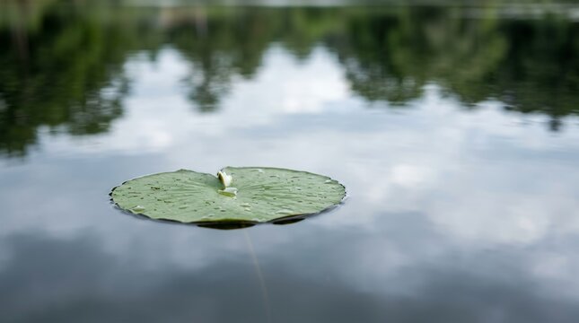 Single Lily Pad Floating on Calm Water Reflecting Trees and Sky.