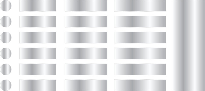 Silver metallic web ui element set with blank chrome banners, round buttons, rectangular plates, and vertical sidebar layout template vector illustration