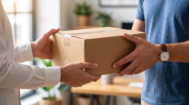 Two men exchanging a cardboard delivery box in an office setting with office blurred background handing over cardboard co worker hand off communication collaboration distribution with interaction