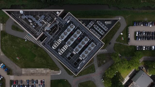 Aerial view of data center buildings at Amsterdam Science Park, showcasing digital infrastructure for cloud computing, colocation, big data, machine learning and AI services.