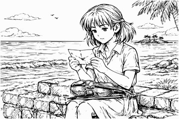 Naklejka premium The girl reads a letter while sitting by the seaside