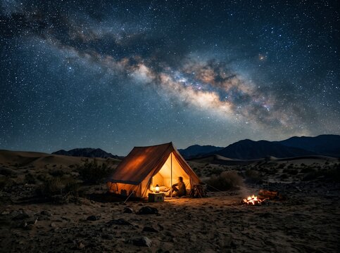 Tent under the Milky Way galaxy at night with campfire.