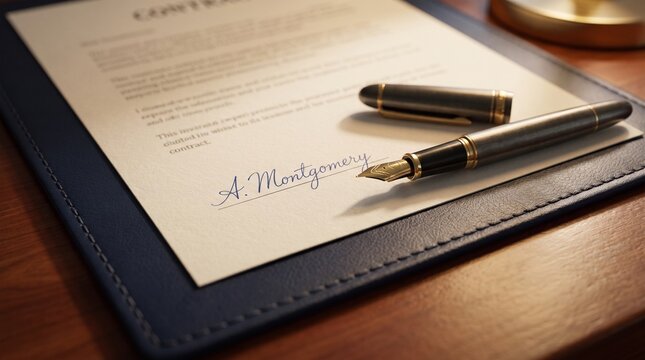 Signed legal contract with pen on wooden desk with contract leather pad professional agreement signature document business writing office formal paper law ink